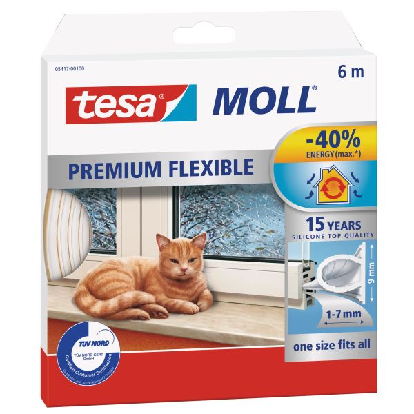 Tesa Tesamoll Premium Flexible Tätningslist i silikon, 6m, 9 mm x 7 mm Vit