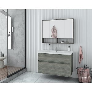 Badrumsmöbler Instinct 100 - Smoked Oak med spegelskåp - Badrumspaket, Badrumsmöbler