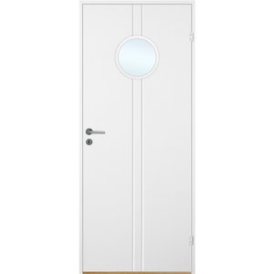 Innerdörr Bornholm - Kompakt dörrblad, spårfräst dekor & runt glasparti A17 + Handtagskit - Blankt - Enkla inomhusdörrar, In