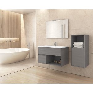 Badrumsmöbler Sorrento 85 - Cementfärgat med spegel- & sidoskåp - Badrumspaket, Badrumsmöbler
